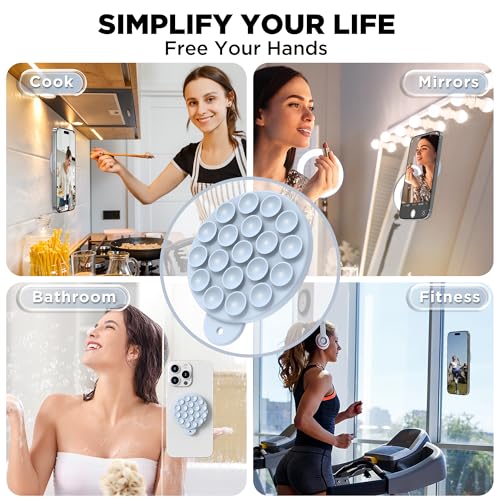 Magnetic Suction Cup Phone Mount with MagSafe, Silicone Hands-Free Grip Holder for iPhone Case and Android, Mirror Shower Phone Stand for Makeup FaceTime Gym Kitchen Bathroom, Baby Blue - color: Baby Blue