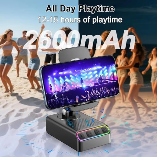 Hupoaf Adjustable Cell Phone Stand with Wireless Induction Bluetooth Speaker, HD Surround Sound for Home and Outdoors, Compatible with iPhone/iPad/Samsung Galaxy, Popular Gifts for Men Women Dad Mom