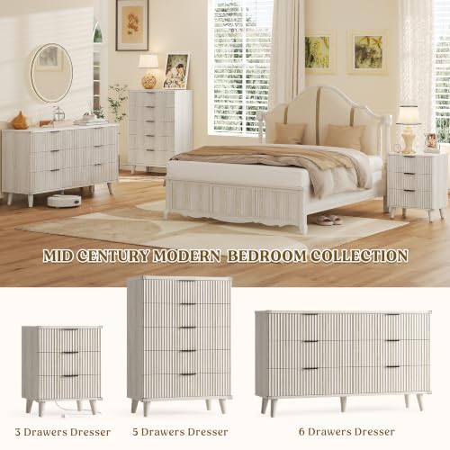 Wood Nightstands Set of 2 w/Charging Station, 3 Drawers Fluted Dresser - color: Grey White, size: 3 Drawers-Set of 2 Nightstand