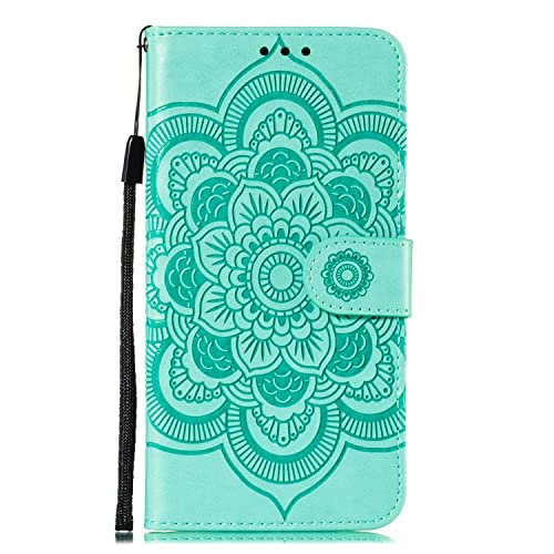 EYZUTAK Case for iPhone 13 Pro Max, Premium PU Leather Magnetic Flip Wallet Case with Card Holder Cash Slot Lanyard Strap Kickstand Function Embossed Mandala Flower Pattern Shockproof Cover - Green - color: Green, size: iPhone 13 Pro Max