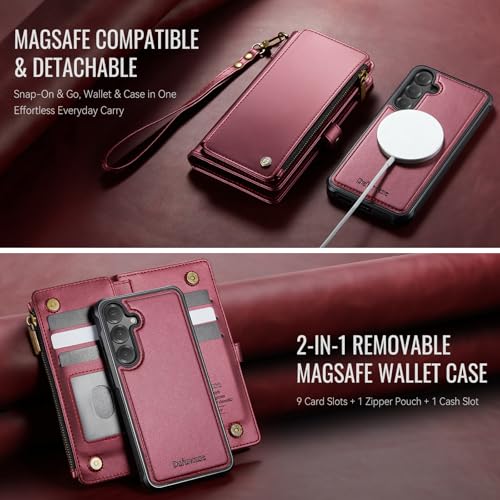 Defencase for Galaxy S25 Plus Case Wallet Compatible with Magsafe, Wine Red | Magnetic Detachable, RFID Bolcking Card Holder, Zipper Strap, PU Leather Drop-Proof Phone Cover for Samsung Galaxy S25+/Plus - color: (Detachable with Magsafe)-Wine Red