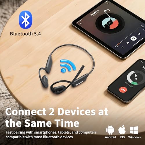 Bluetooth Headset with Microphone,Open Ear Headphones with Mic, Dual Connect Bluetooth 5.4 with AI Noise Cancelling Mic & Mute Function, Wireless Headset for Work