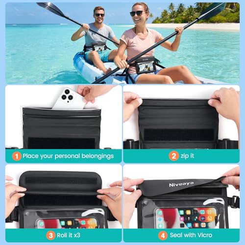 Niveaya IPX8 Waterproof Fanny Pack, Waterproof Pouch Dry Bag for Beach, Kayaking, Swimming, Boat Travel Cruise Essentials, Waterproof Phone Bag Passport Holder for Women Men(2 Pack) - color: Black+Pink