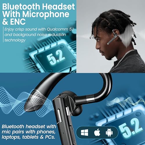 Wireless Bluetooth Headset with Mic, Noise-Cancelling Earpiece with 500mAh Charging Case โ Up to 72H Talk Time โ Clear HD Sound for Truck Drivers, Office, Call Centre, All Smart Phones.