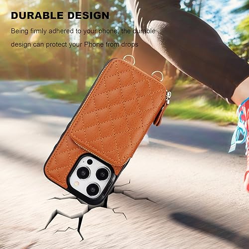 Bocasal Crossbody Wallet Case Card Holder for iPhone 15 Pro, Brown | RFID Blocking PU Leather Zipper Handbag Purse, Kickstand Flip Folio Case with Card Slots Holder Wrist Strap Lanyard 6.1 Inch - color: Brown