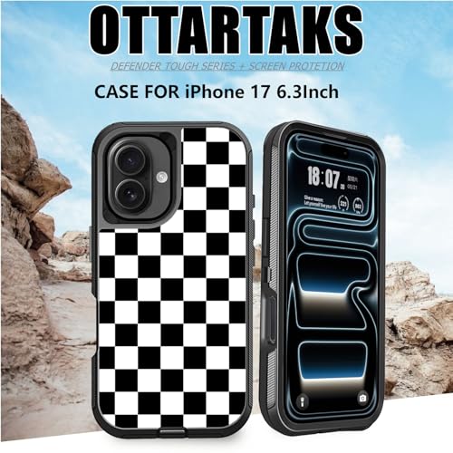 for iPhone 17 Case with Screen Protector Black and White Checkered Design, 3-Layer Rugged Heavy Duty Shockproof Protective Trend Phone Case for iPhone 17 Men Women - color: Gray