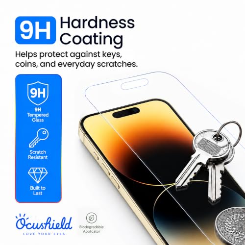Ocushield Anti Blue Light Tempered Glass Screen Protector of iPhone 14 Pro (6.1") – Blocks Blue Light, Prevents Eye Strain & Helps You Sleep Better, 9H Hardness & Case Friendly | Fits 6.1 inch display. 9H tempered glass blocks UV & blue light. Anti-bacter