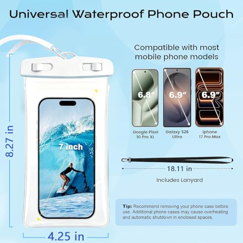 Waterproof Phone Pouch,Underwater IPX8 Phone Case for iPhone 17/16 Pro Max | Phone Dry Bag for Beach Playing &Swimming,Snorkel,Skiing,Surfing Cruise Essentials,Touch Screen with Lanyard(Fits Up to 7.2") - color: White