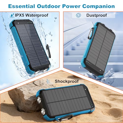 Solar Charger Power Bank 20000mAh, Wireless Fast Charging Battery Pack with 3 Built-in Cables & USB-C Input, Dual LED Flashlights, Portable Phone Charger for Camping, Travel & Emergency Use - color: Blue