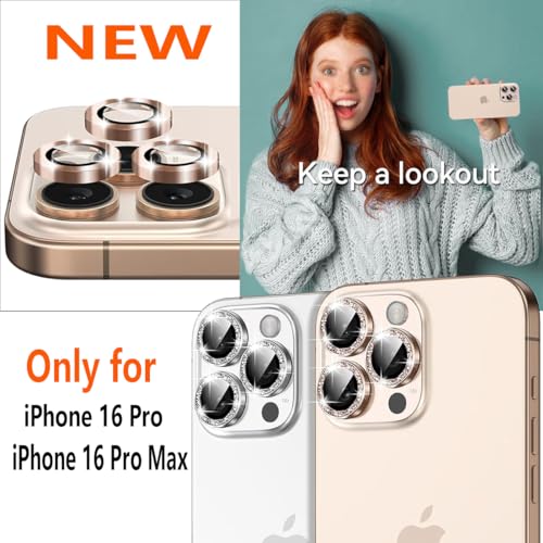 3X2 Pack Camera Lens Protector for iPhone 16 Pro Max,iPhone 16 Pro Tempered Glass Camera Lens Screen Protector Glitter Bling Camera Cover Metal Individual Ring for iPhone 16 Promax 5G,Glitter Gold
