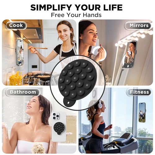 Magnetic Suction Cup Phone Mount with MagSafe, Silicone Hands-Free Grip Holder for iPhone Case and Android, Mirror Shower Phone Stand for Makeup FaceTime Gym Kitchen Bathroom, Black - color: Black