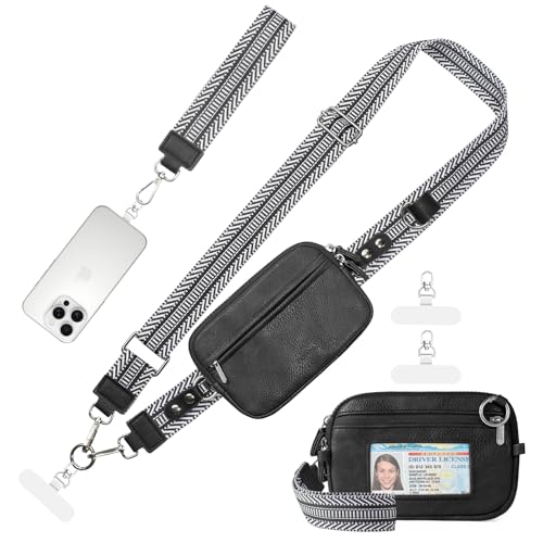 Tiostep Clip and Go Strap for Phone with Wallet Crossbody Phone Lanyard Adjustable and Anti-Theft Leather Purse with RFID Zipper Pouch for Travel Daily Life. Black Medium - color: Black
