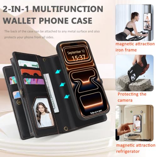 for iPhone 17 Pro Max Wallet Case, Detachable Magnetic Phone Case,Faux Leather Strap Wallet,with RFID Blocking,Zipper Card Holder,Shoulder Straps (Black) - color: Black, size: iPhone 17 Pro Max