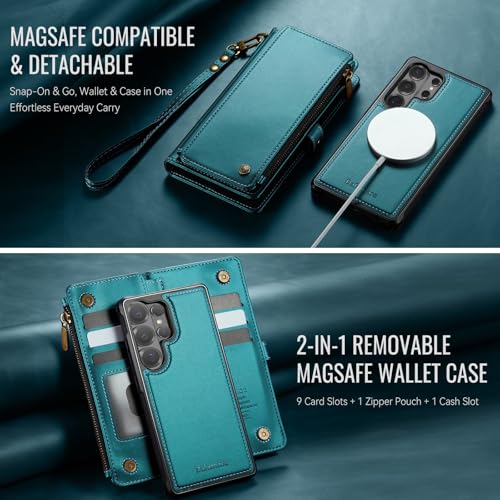 Defencase for Galaxy S26 Ultra Case Wallet Compatible with Magsafe, Green | Magnetic Detachable, RFID Bolcking Card Holder, Zipper Strap, PU Leather Drop-Proof Phone Cover for Samsung Galaxy S26 Ultra - color: (Detachable with Magsafe)-Blue Green