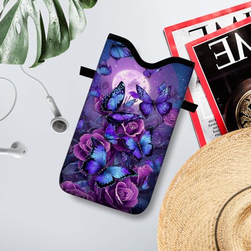 Neoprene Cell Phone Sleeve Pouch Case Bag with Crossbody Strap Neck Lanyard for Women 7.1 X 3.9 in Purple Butterfly - color: Purple Butterfly