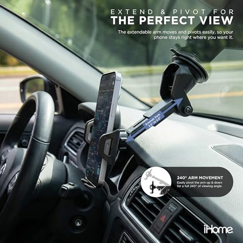 iHome Car Mount, Dashboard/Windshield/Vent Mount, Swivel Neck, Silicone Grip, Adjustable Mount Arm with Suction Cup Base (Extendable Car Mount) - style: Extendable Car Mount