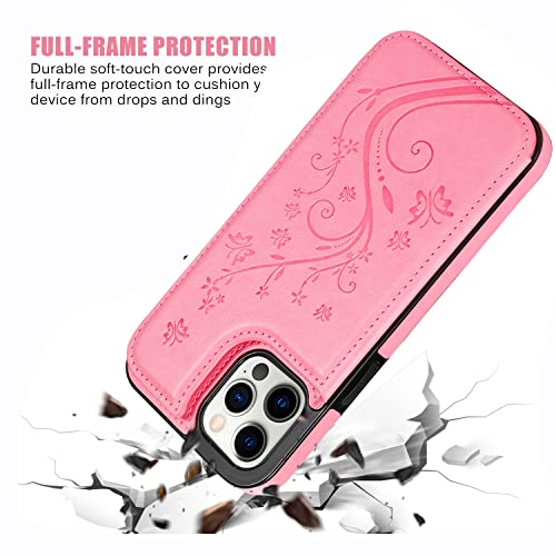 Wallet Case Compatible with iPhone 15,Slim Protective case with Card Holder,Premium PU Leather Kickstand Card Slots with Double Magnetic Clasp for iPhone 15(6.1")-Pink Butterfly - color: Pink