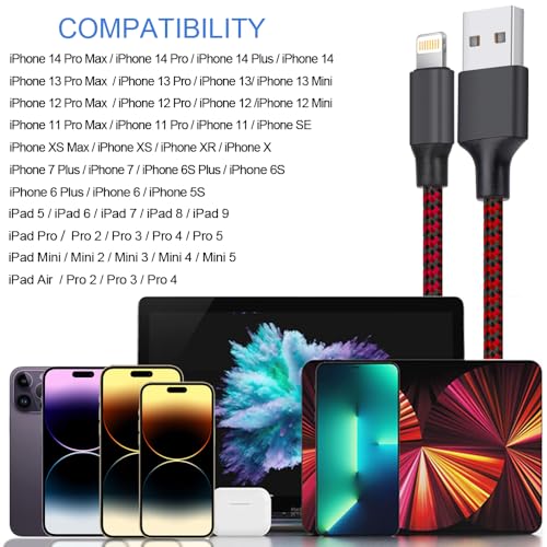 iPhone Charger, Lightning Cable 3PACK 6FT MFi Certified USB Charging Cord - color: Red