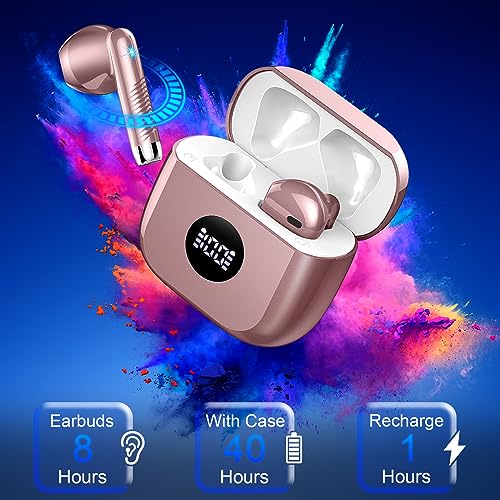 Wireless Earbuds, Bluetooth 5.4 Ear Buds, LED Power Display, 6D Bass Stereo - color: Rose Gold