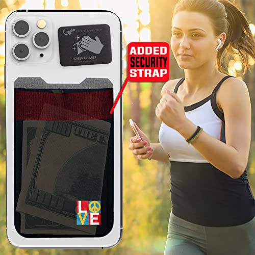 Phone Wallet - Adhesive Card Holder - Cell Phone Pouch - Stick on Lycra Pocket by Gecko - Carry Credit Cards and Cash - color: PEACE LOVE