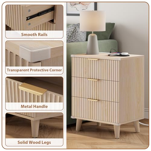 Wood Nightstands Set of 2 w/Charging Station, 3 Drawers Fluted Dresser - color: Natural Oak, size: 3 Drawers-Set of 2 Nightstand