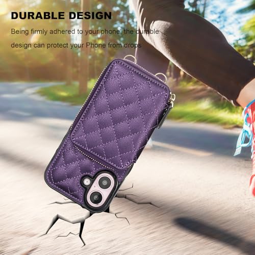 Bocasal Crossbody Wallet Case Card Holder for iPhone 16, Dark Purple | RFID Blocking PU Leather Zipper Handbag Purse, Kickstand Flip Folio Case with Card Slots Holder Wrist Strap Lanyard 6.1 Inch - color: Dark Purple