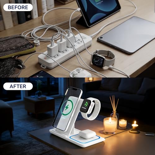 3 in 1 Portable Wireless Fast Charger for Apple & Android, Wireless Charging Station for iPhone17 16 15 14 13 12, Apple Watch & Air pods 4 3 2 Pro, Samsung Galaxy, White - color: White