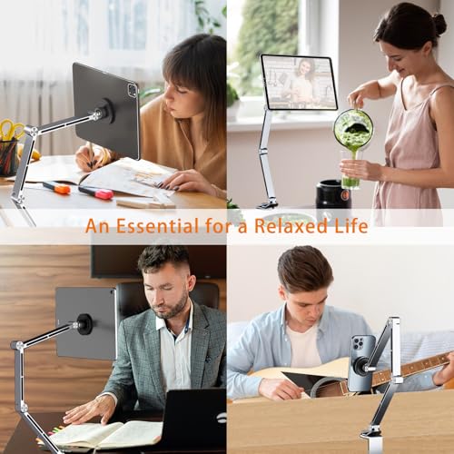 Magnetic Tablet Stand for Desk Aluminum Alloy Phone iPad Desk Holder Overhead Arm Mount with 360°Rotate Base for Magsafe/iPhone/Android/iPad (Magnetic Silver) - color: Magnetic Silver