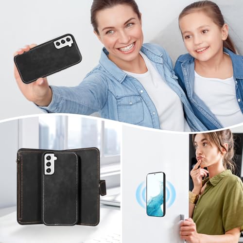 Asuwish Phone Case for Samsung Galaxy S22 5G Zipper Wallet Detachable Magnetic Cover with Tempered Glass Screen Protector Crossbody Lanyard Strap Card Holder S 22 22S 4G G5 6.1 inch Women Girls Black - color: Black
