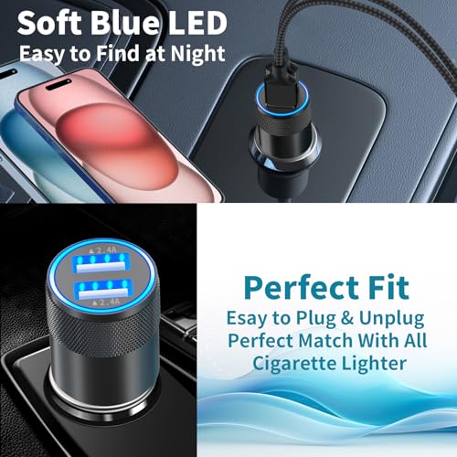Apple MFi Certified iPhone Car Charger with 2Pack Lightning Braided Cable - color: Carbon Black