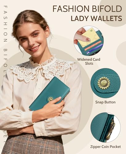GIANCOMICS Teal Blue Womens Wallet RFID Blocking, Credit Card Holder Bifold | Billfold, Cute Cash Purse, Travel Zipper Coin Pocket, Compact Clutch, PU Leather, ID Window, 11 Card Slots, Ladies Gift Woman - color: A Solid Teal