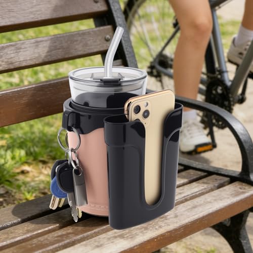 3-in-1 Universal Bike Cup Holder with Cell Phone Case Keys Hook, Beige - color: beige