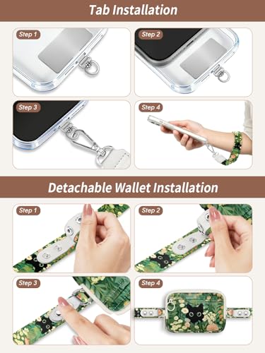 Clip and Go Strap for Phone with Wallet Crossbody Lanyard Leaf Cat - color: Cats Leaf