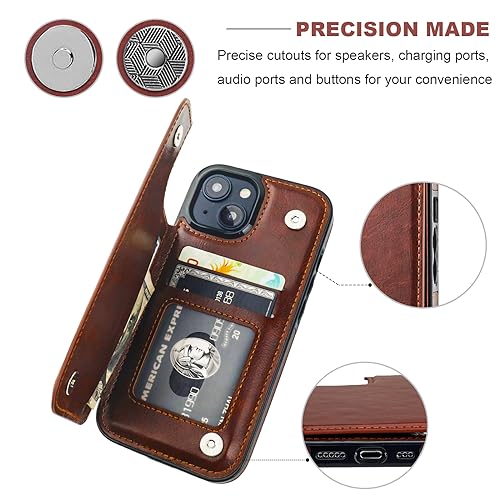 ONETOP for iPhone 15 Wallet Case with Credit Card Holder,Brown | Kickstand,ID/Cash Holder,Case Wallet with Card Slots,Double Magnetic Clasp,Durable PU Leather Shockproof Cover for Women Men - color: Brown