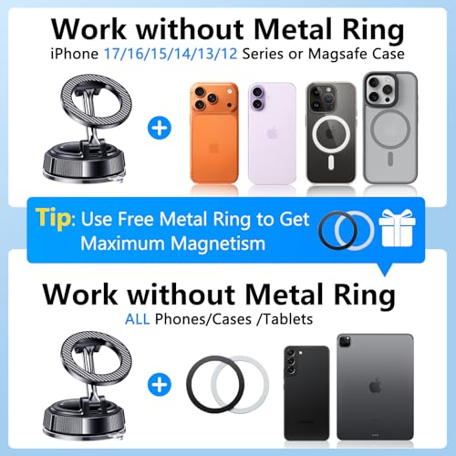 PGU for Magsafe Dashboard & Windshield Car Phone Holder 2026 89+LBS Suction & 3600gf Magnetic 360° Adjustable Phone Holders for Your Car Cell Phone Car Mount for iPhone 17-12 Series