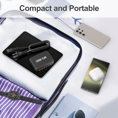 130W USB C Charger Block GaN 6 Port Fast USB C Charging Station for Galaxy - color: Black