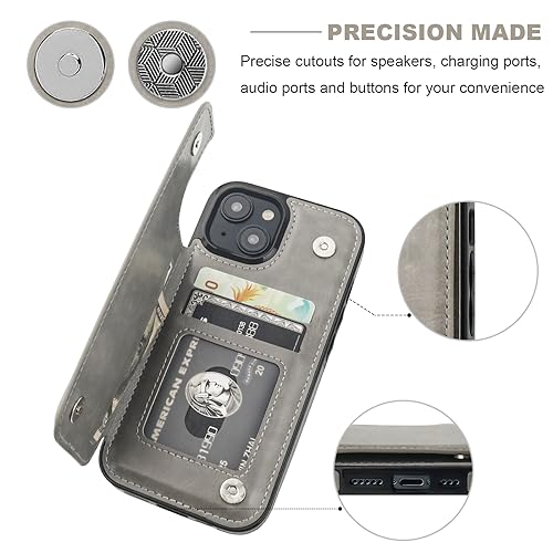 ONETOP for iPhone 15 Wallet Case with Credit Card Holder,Gray | Kickstand,ID/Cash Holder,Case Wallet with Card Slots,Double Magnetic Clasp,Durable PU Leather Shockproof Cover for Women Men - color: Gray
