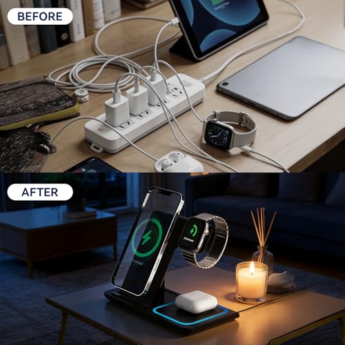 3 in 1 Portable Wireless Fast Charger for Apple & Android, Wireless Charging Station for iPhone17 16 15 14 13 12, Apple Watch & Air pods 4 3 2 Pro, Samsung Galaxy, Black - color: Black