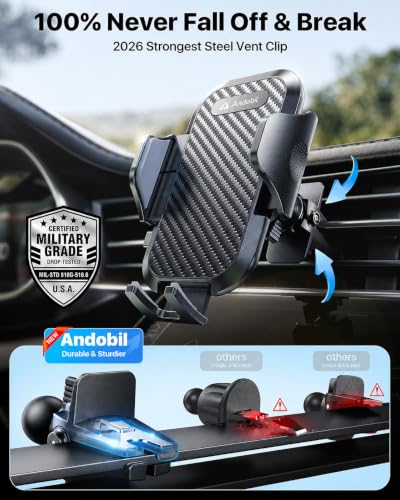 andobil Car Phone Holder, True Military-Grade 95+LBS Strongest Suction Cell Phone Mount for Car Dashboard Windshield Vent Easy Clamp Truck Cradle Stand for iPhone 18 Pro Max 17 16 15 14 13 Android - color: Black