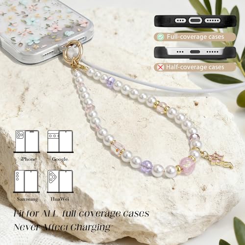 pcgaga Pearl Beaded Phone Charm, Phone Wrist Strap, Handmade Bracelet Straps, Anti-Lost Lanyard Wrist Chain for Airpods Women Girls Gift - color: Pink Blossom