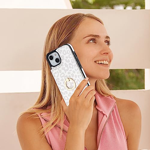 HAOPINSH for iPhone 13/ iPhone 14 Wallet Case with Card Holder, 360°Rotation Ring Kickstand, White Leopard Cheetah Pattern, RFID Blocking Leather for Girls Women, Double Buttons Flip 6.1" - color: White Leopard