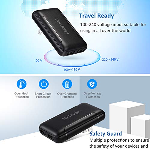 Low Profile USB Wall Plug,3A/5V Dual Port Slim Flat USB A Wall Charger - color: Black
