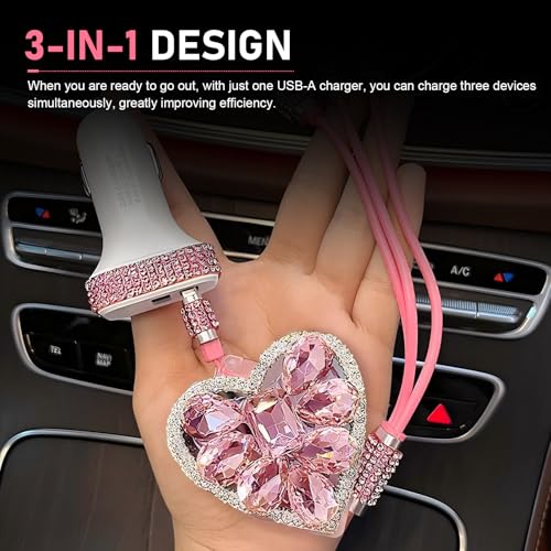 Car Retractable Multi Charging Cable, 3 in 1 Fast Charger Cord, Heart-shaped Diamond-studded Car Charger Cable, Stylish for Women, Compatible with Phone, Tablets (Pink)