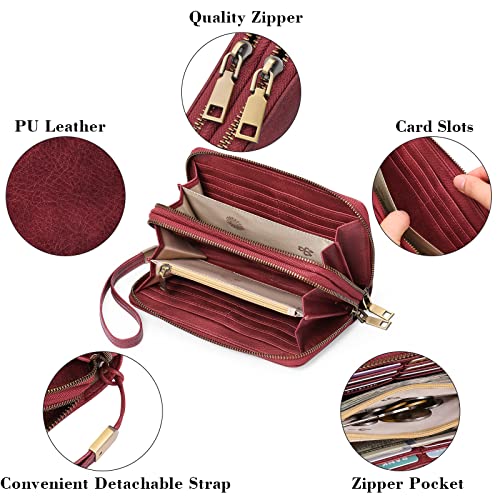 GAEKEAO RFID Leather Wristlet Wallet for Women with Grip Strap | Large capacity clutch wallet, credit card holder, wrist strap, zipper purse, travel and shopping - color: A11 Retro Wine Red-1
