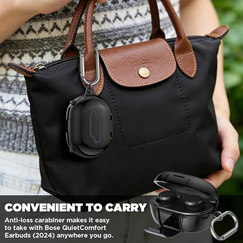 for Bose New QuietComfort Earbuds Case (2024), TPU Protective Cover with Phone Holder Stand & Double Safety Lock, Supports Wireless Charging, Includes Carabiner and Cleaning Pen (Black) - color: Black