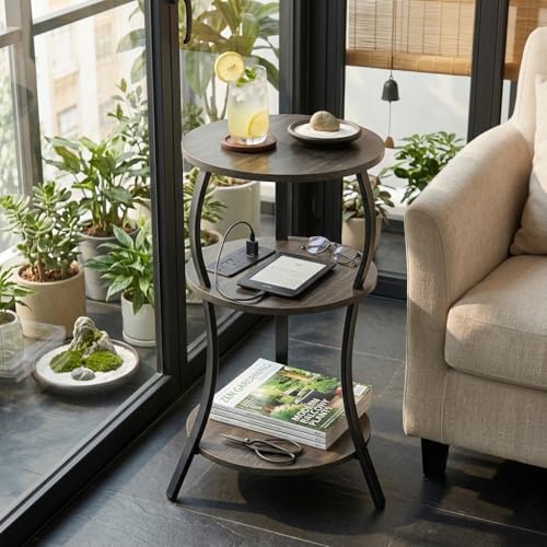 YEAKOO Small Side Table with Charging Station,3-Tier Round end Table - color: Grey, style: USB Charger