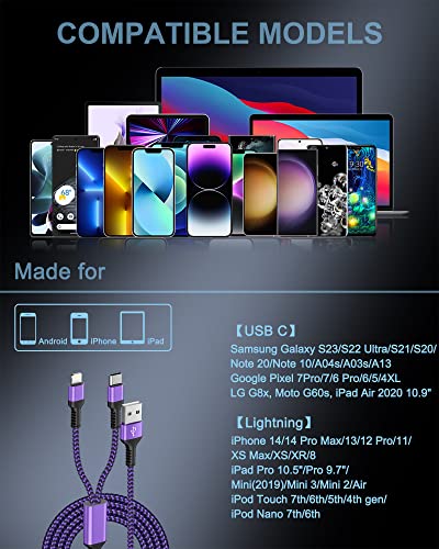 Multi Charger Cable, Lightning and USB C 2 in 1 Charging Cable for iPhone - color: Purple