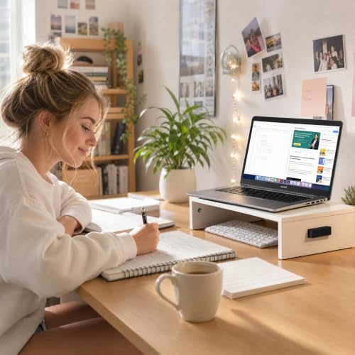 BONTEC Monitor Stand Riser with Cellphone Holder & Cable Management - color: White, size: 16.7 Inch