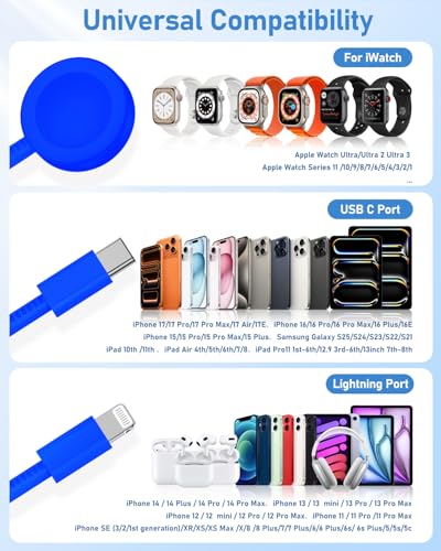 for Apple Watch Charger Fast Charging 6FT, 3 in 1 Multi Charging Cable with USB C iPhone iWatch Charger for Apple iWatch Series 11/10/9/8/7/Ultra3/Ultra 2/SE/6/5/4/iPhone 17/16/15/14/13/12/11-Blue - color: Blue