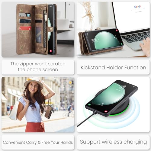 Samsung Galaxy S23 FE Wallet Case,Zipper Folio Leather Case Wallet with Card Holder Strap Wristlet Detachable Magnetic Protective Case for Samsung Galaxy S23 FE 5G 6.4 Inch(Coffee) - color: Brown, size: S23 FE 5G 6.4 Inch